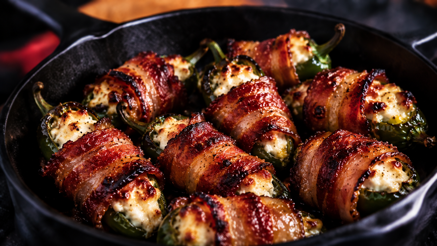 Bacon-wrapped jalapeño poppers filled with cream cheese in a cast iron skillet